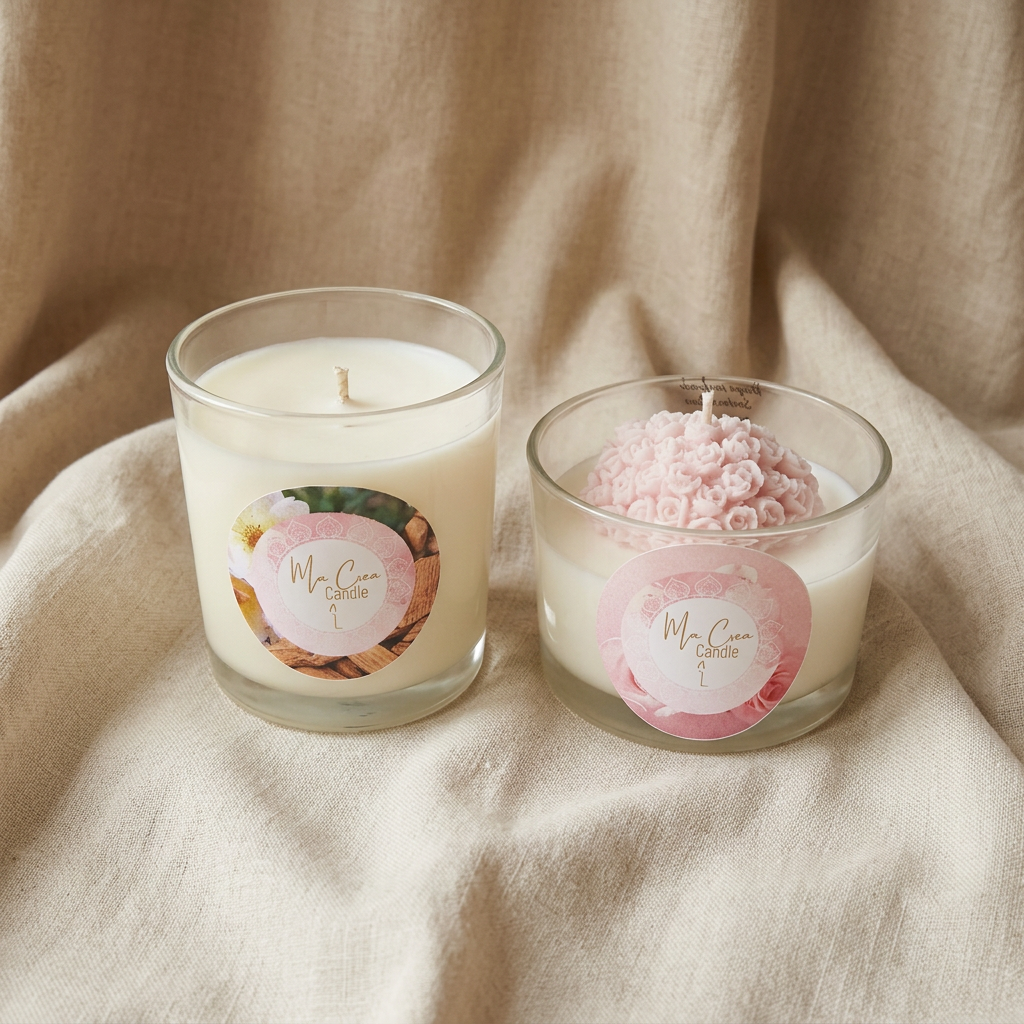 Duo de bougies Musc blanc et Rose Ma Crea Candle sur lin écru et fond beige chaleureux