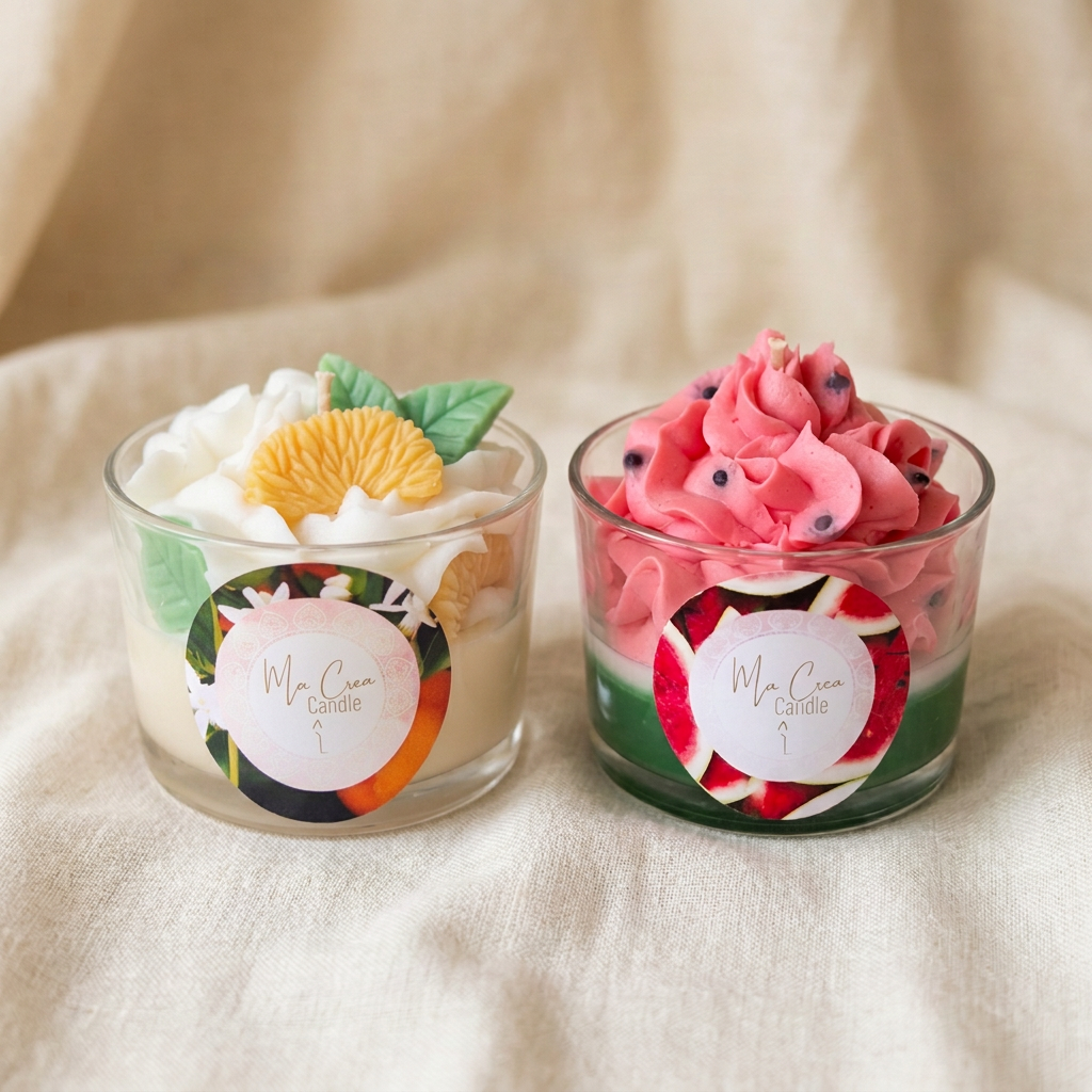 Pack duo Ma Crea Candle : bougies Fleur d’oranger et Pastèque sur du lin écru