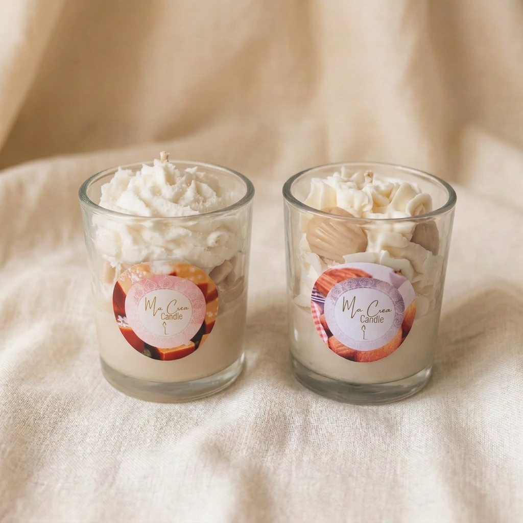 Duo de bougies Caramel beurre salé et Madeleine sur un fond en lin écru